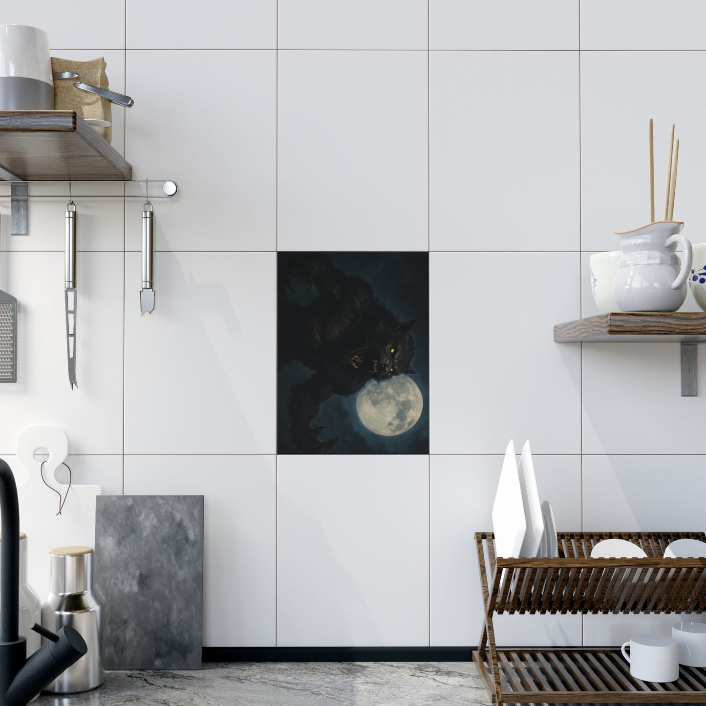 Werewolf Ceramics Decor, Unique Wolf Moon Tile, Gothic Home Accents, Halloween Gift, Dark Art Decoration, Spooky Wall Art