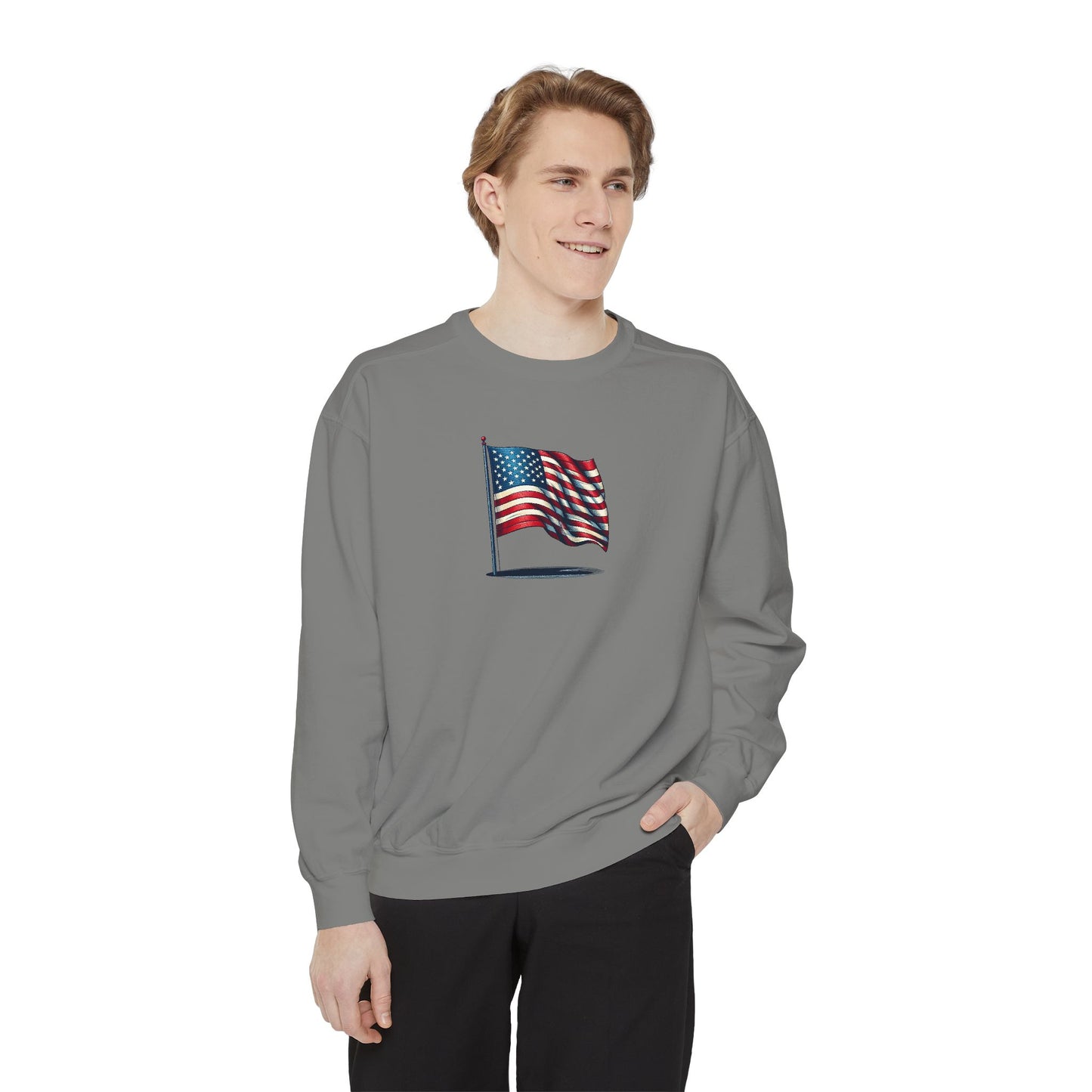 Patriotic Unisex Garment-Dyed Sweatshirt with Vintage American Flag, Cozy Fall Outfit, Statement Sweater, Gift for Veterans, Casual Fashion