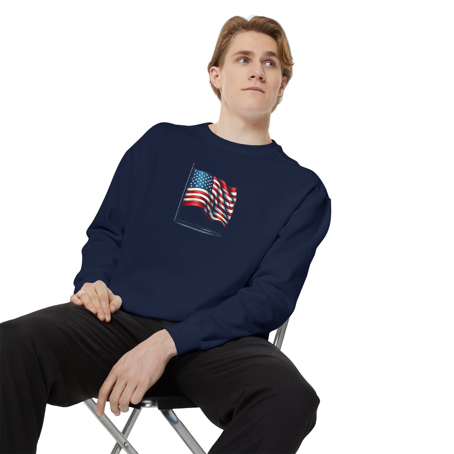 Patriotic Unisex Garment-Dyed Sweatshirt with Vintage American Flag, Cozy Fall Outfit, Statement Sweater, Gift for Veterans, Casual Fashion