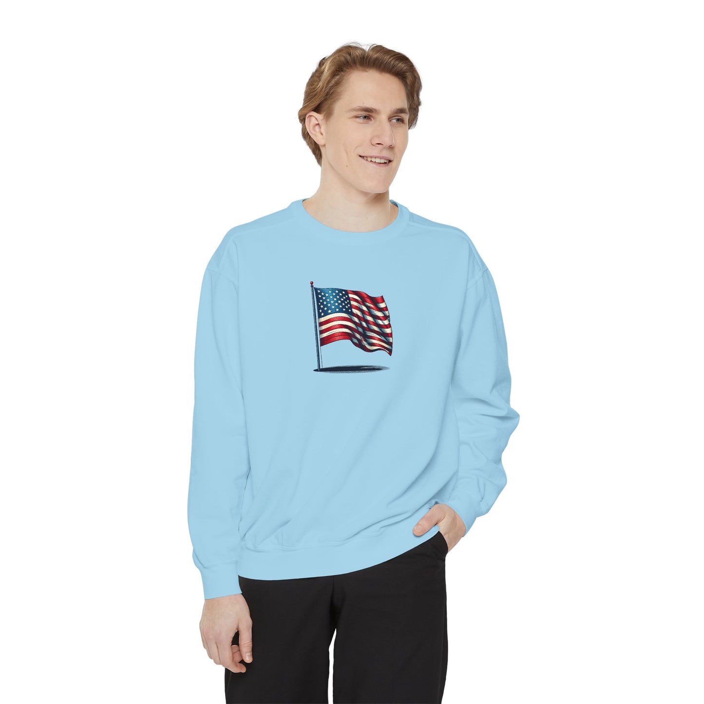 Patriotic Unisex Garment-Dyed Sweatshirt with Vintage American Flag, Cozy Fall Outfit, Statement Sweater, Gift for Veterans, Casual Fashion