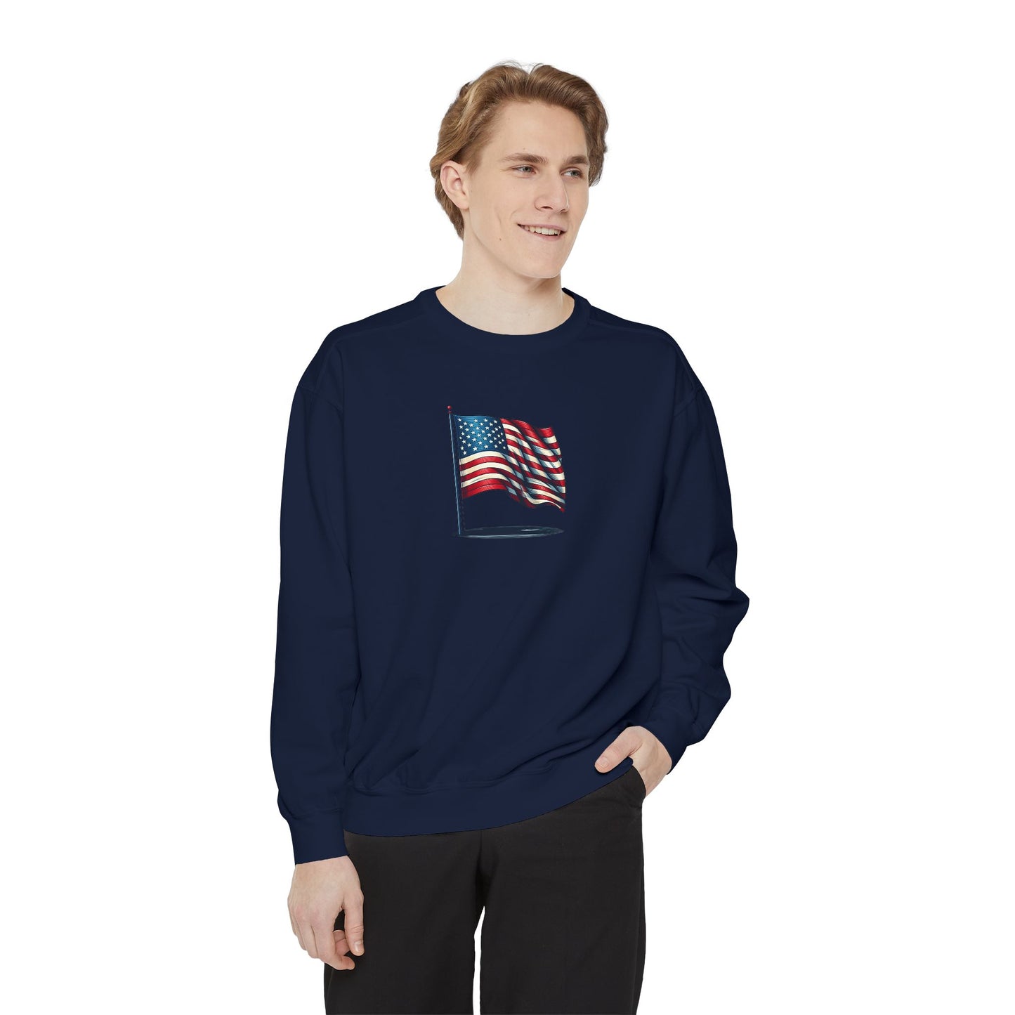 Patriotic Unisex Garment-Dyed Sweatshirt with Vintage American Flag, Cozy Fall Outfit, Statement Sweater, Gift for Veterans, Casual Fashion