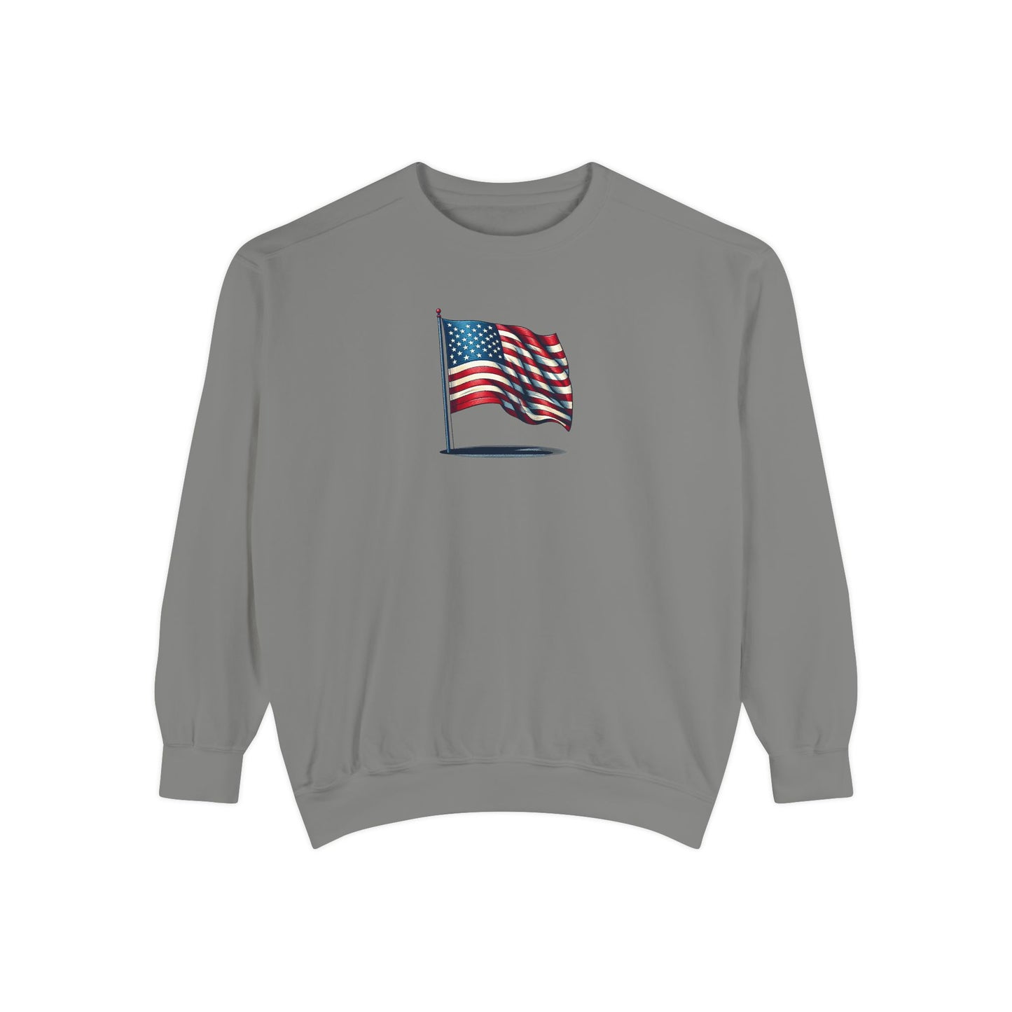 Patriotic Unisex Garment-Dyed Sweatshirt with Vintage American Flag, Cozy Fall Outfit, Statement Sweater, Gift for Veterans, Casual Fashion
