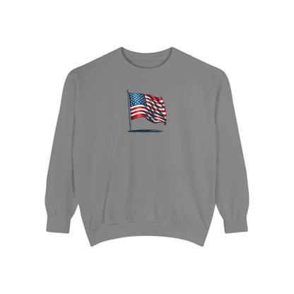 Patriotic Unisex Garment-Dyed Sweatshirt with Vintage American Flag, Cozy Fall Outfit, Statement Sweater, Gift for Veterans, Casual Fashion