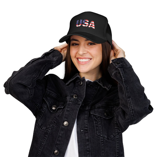 USA Flag Embroidered Foam Trucker Hat, Patriotic Cap, Red Mesh Hat, Summer Outdoor Gear, Festival Accessory, July 4th Gift - product image
