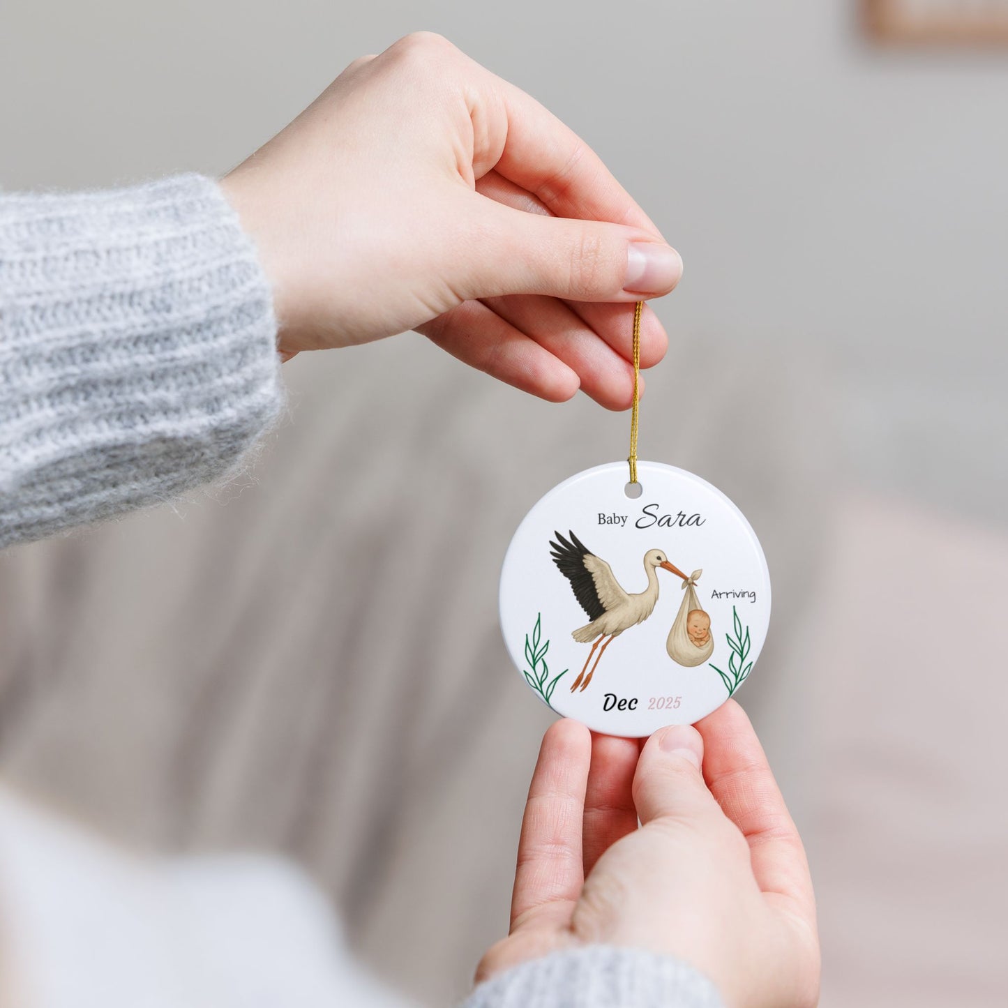 Stork with Baby, Personalized Name and Due Date Ornament Ceramic Ornament