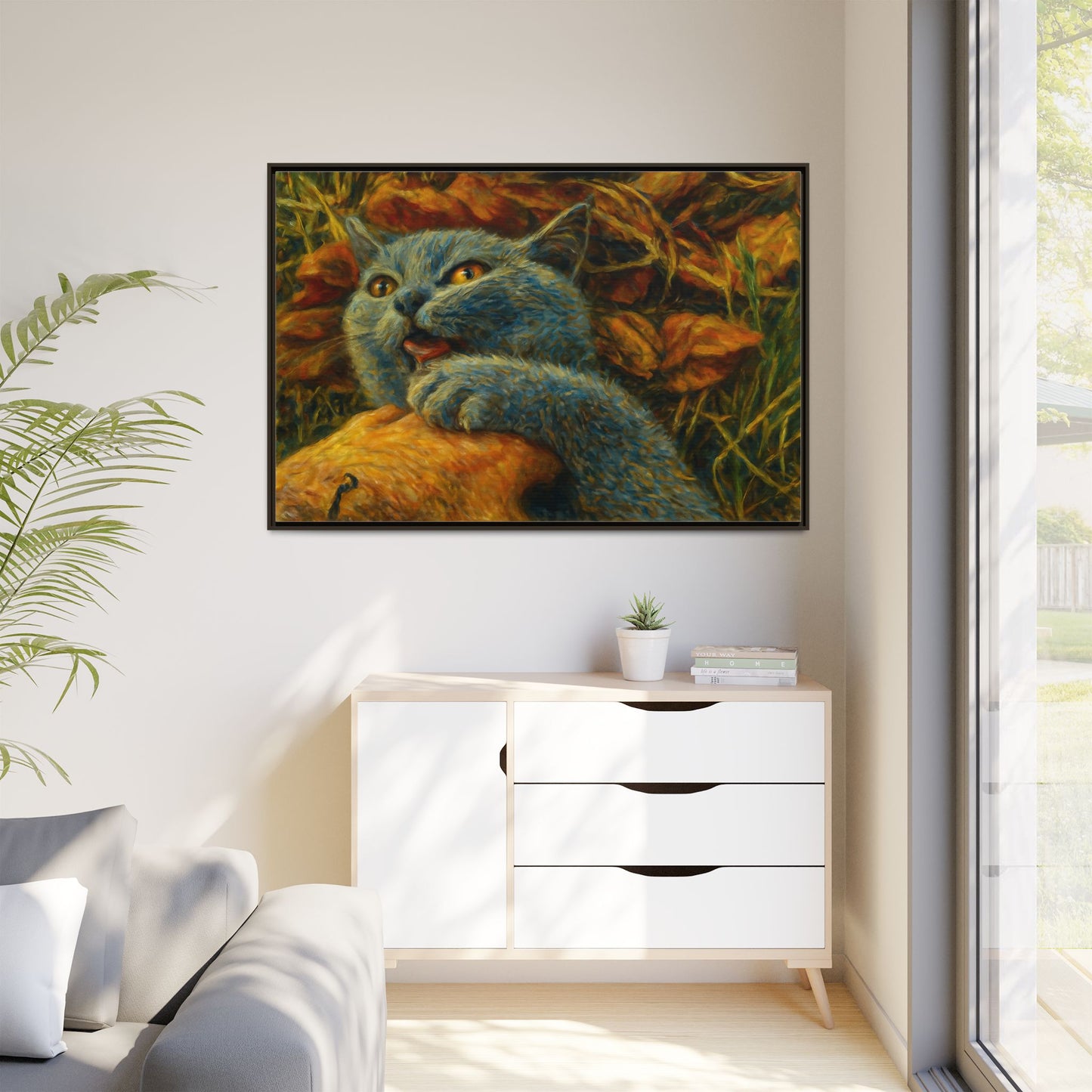 Whimsical Cat Wall Art, Blue Cat Framed Print, Colorful Canvas Decor, Pet Lover Gift, Funny Home Accent