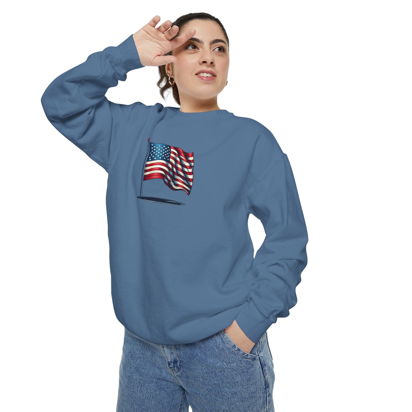Patriotic Unisex Garment-Dyed Sweatshirt with Vintage American Flag, Cozy Fall Outfit, Statement Sweater, Gift for Veterans, Casual Fashion