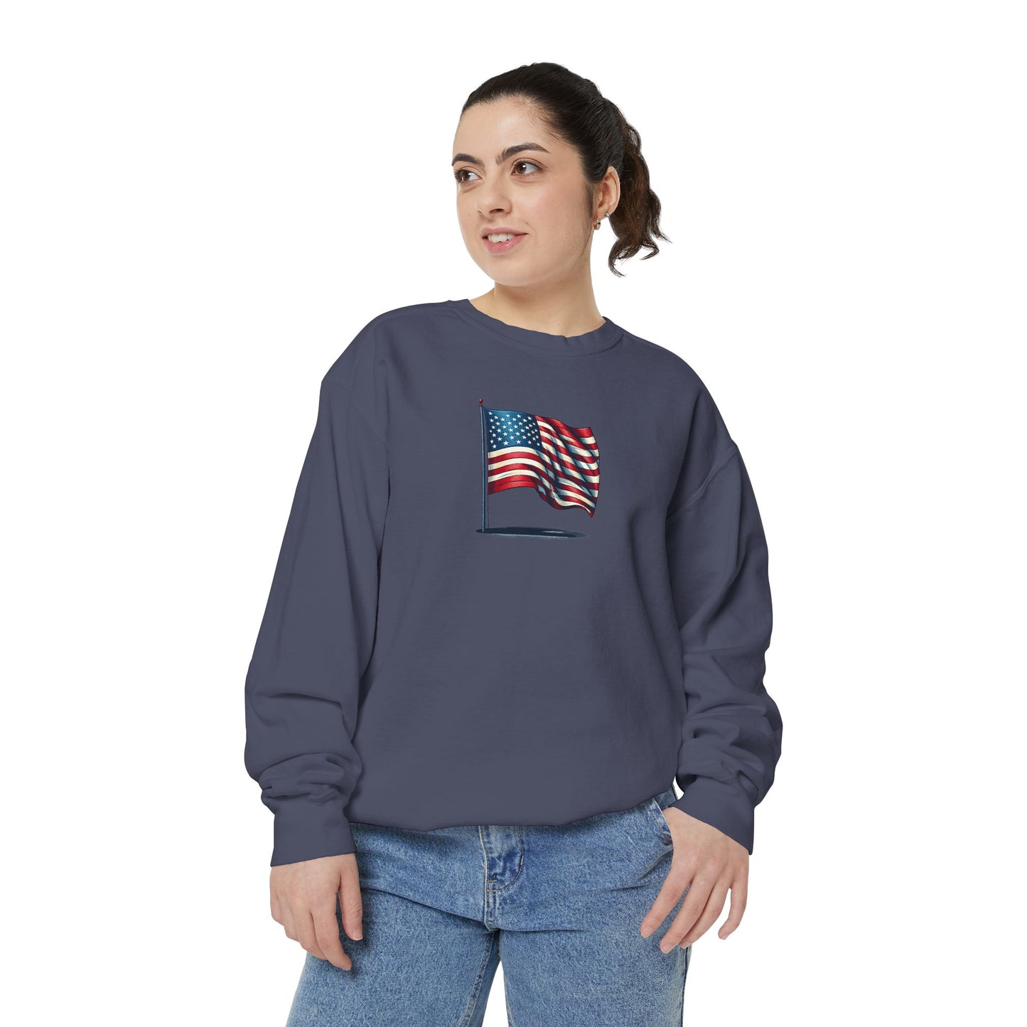 Patriotic Unisex Garment-Dyed Sweatshirt with Vintage American Flag, Cozy Fall Outfit, Statement Sweater, Gift for Veterans, Casual Fashion