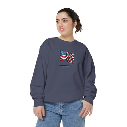 Patriotic Unisex Garment-Dyed Sweatshirt with Vintage American Flag, Cozy Fall Outfit, Statement Sweater, Gift for Veterans, Casual Fashion