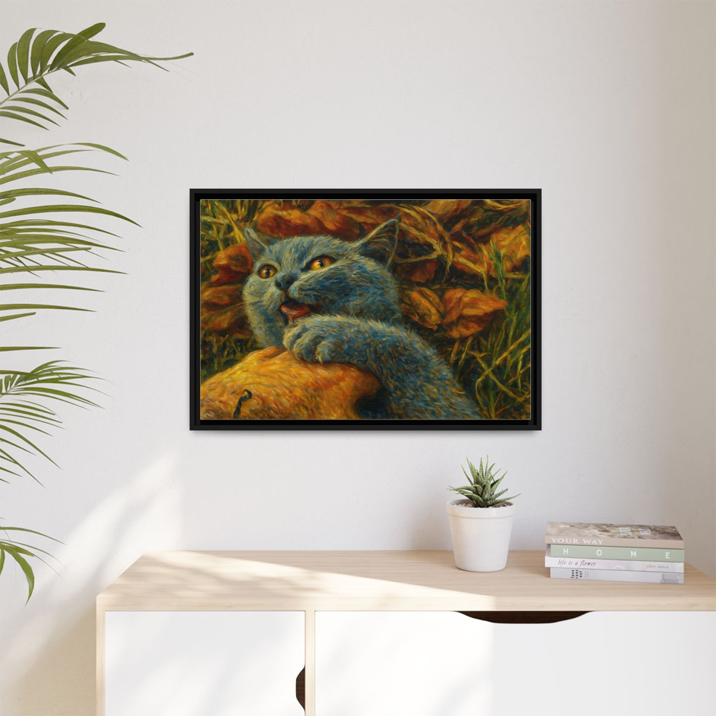 Whimsical Cat Wall Art, Blue Cat Framed Print, Colorful Canvas Decor, Pet Lover Gift, Funny Home Accent