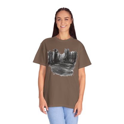 Artistic Forest Scene T-shirt | Nature Lover Gift, Outdoor Adventure Tee, Eco-Friendly Fashion, Vintage Inspired Clothing, Unisex Gift