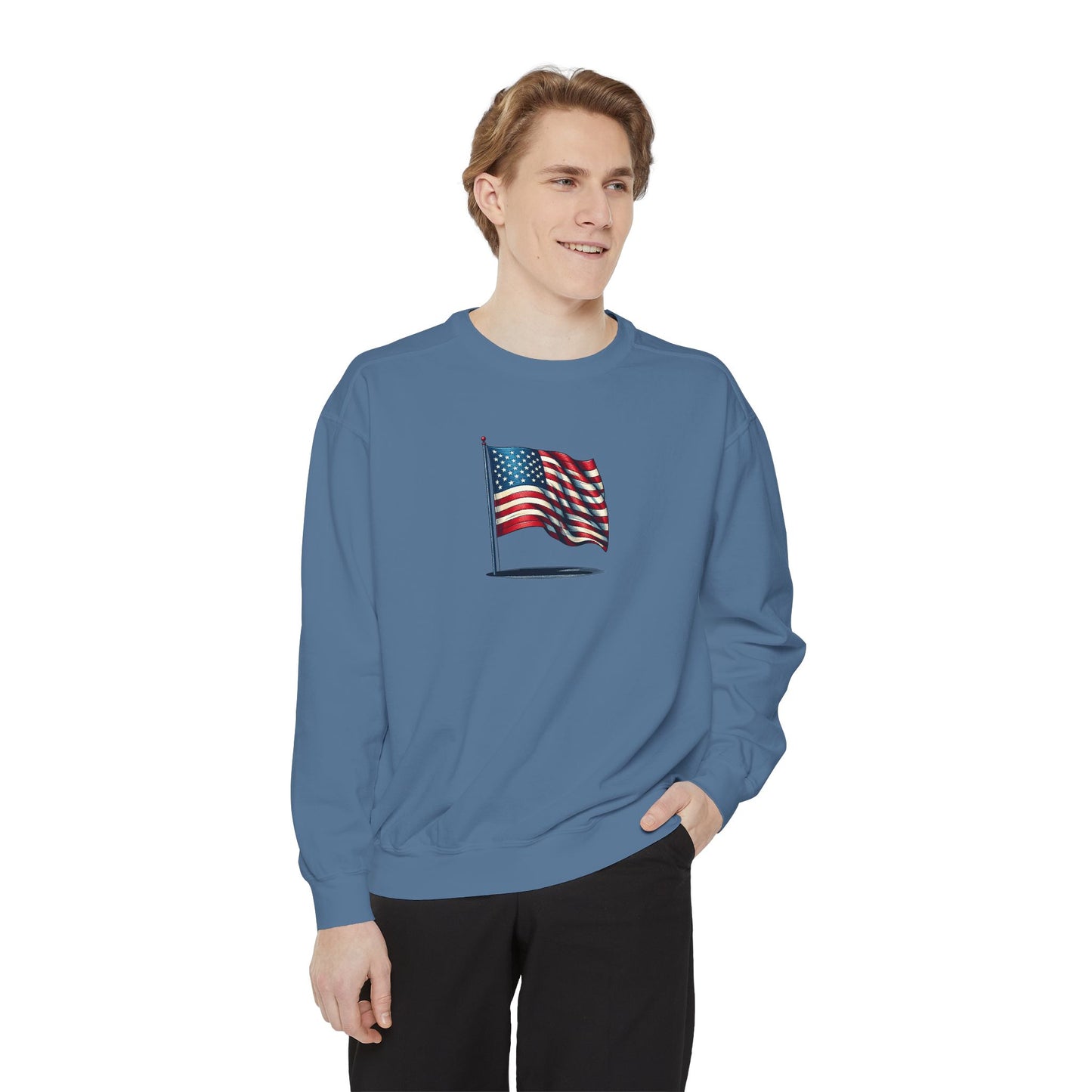 Patriotic Unisex Garment-Dyed Sweatshirt with Vintage American Flag, Cozy Fall Outfit, Statement Sweater, Gift for Veterans, Casual Fashion