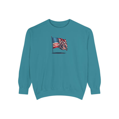Patriotic Unisex Garment-Dyed Sweatshirt with Vintage American Flag, Cozy Fall Outfit, Statement Sweater, Gift for Veterans, Casual Fashion