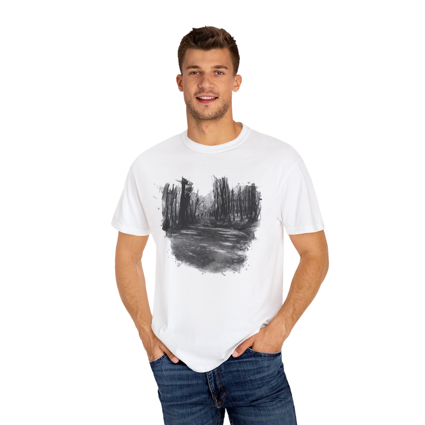 Artistic Forest Scene T-shirt | Nature Lover Gift, Outdoor Adventure Tee, Eco-Friendly Fashion, Vintage Inspired Clothing, Unisex Gift