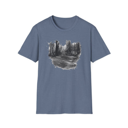 Unisex Softstyle T-Shirt with Abstract Landscape Art, Casual Wear, Gift for Art Lovers, Everyday Fashion, Nature Inspired Tee