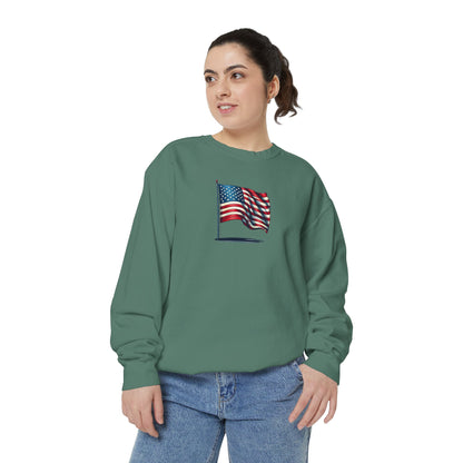 Patriotic Unisex Garment-Dyed Sweatshirt with Vintage American Flag, Cozy Fall Outfit, Statement Sweater, Gift for Veterans, Casual Fashion