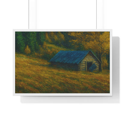 Rustic Cabin Framed Poster, Nature Wall Art, Cozy Home Decor, Gift for Farmhouse Lovers, Autumn Landscape Print