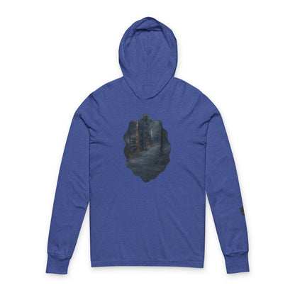 Unisex Hooded Long Sleeve Tee with Dreamy Forest Design | Cozy Casual Wear, Perfect for Camping, Hiking, Gift for Nature Lovers