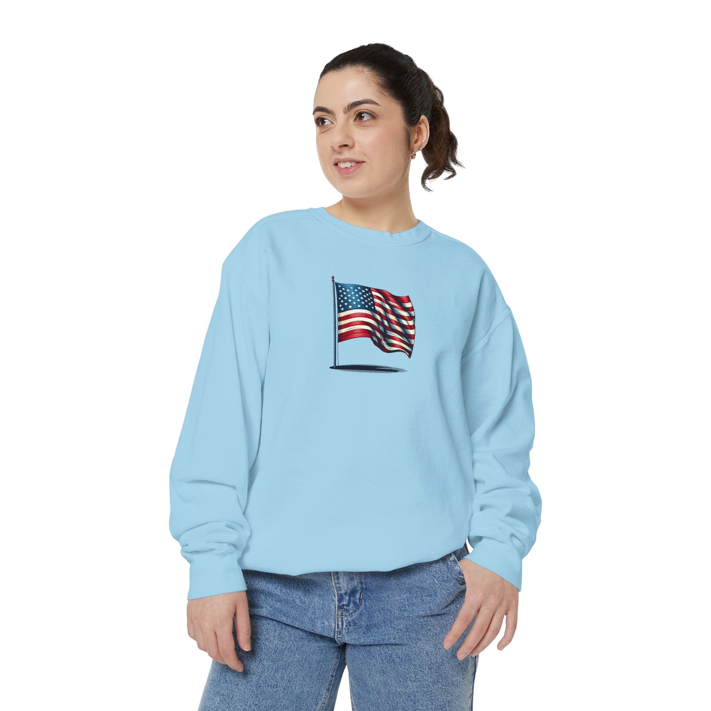 Patriotic Unisex Garment-Dyed Sweatshirt with Vintage American Flag, Cozy Fall Outfit, Statement Sweater, Gift for Veterans, Casual Fashion - product image