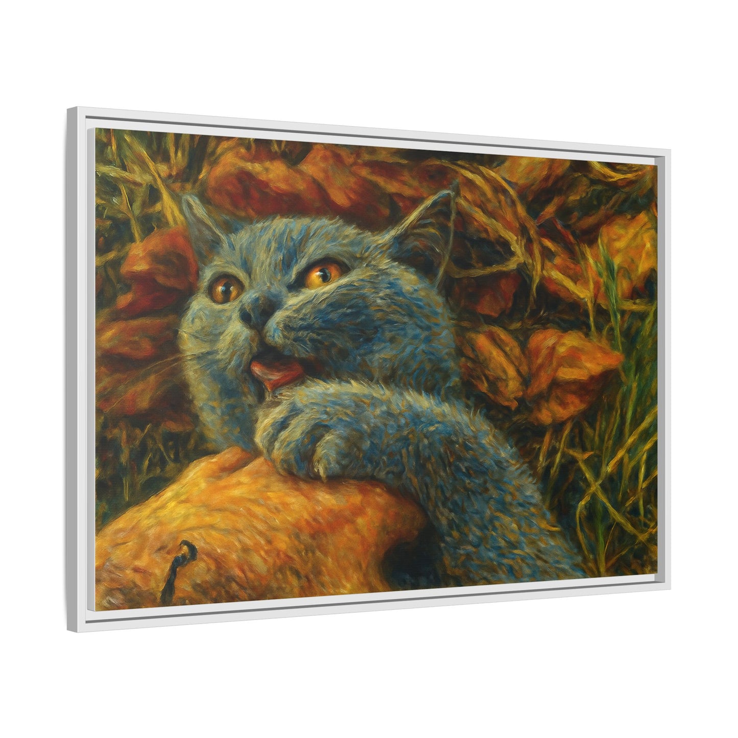 Whimsical Cat Wall Art, Blue Cat Framed Print, Colorful Canvas Decor, Pet Lover Gift, Funny Home Accent