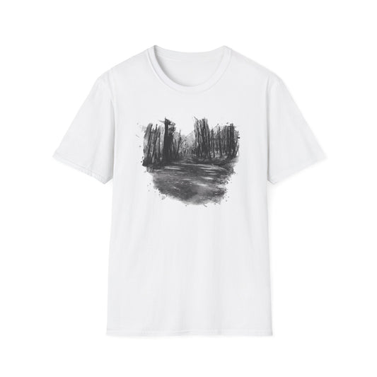 Unisex Softstyle T-Shirt with Abstract Landscape Art, Casual Wear, Gift for Art Lovers, Everyday Fashion, Nature Inspired Tee - product image