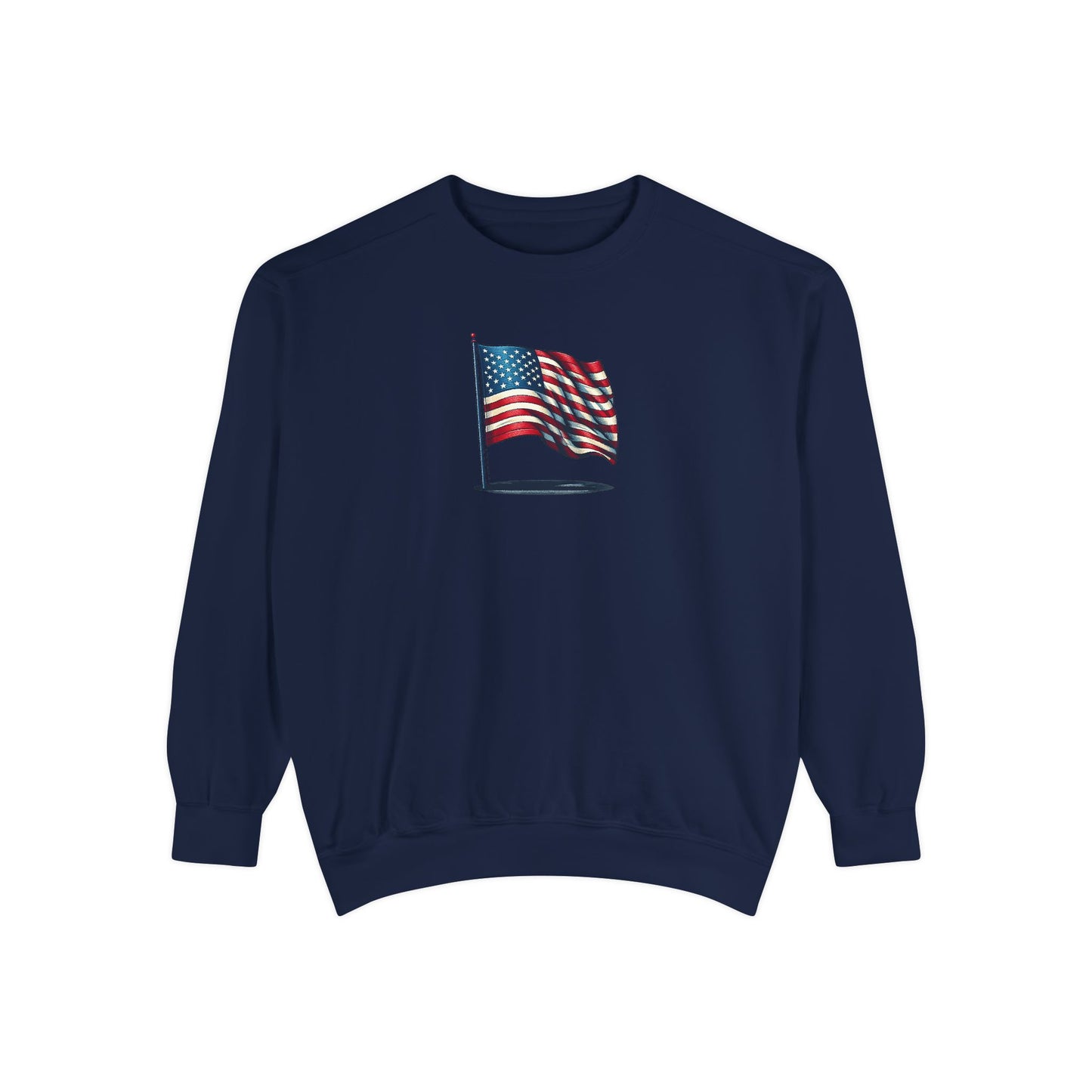 Patriotic Unisex Garment-Dyed Sweatshirt with Vintage American Flag, Cozy Fall Outfit, Statement Sweater, Gift for Veterans, Casual Fashion