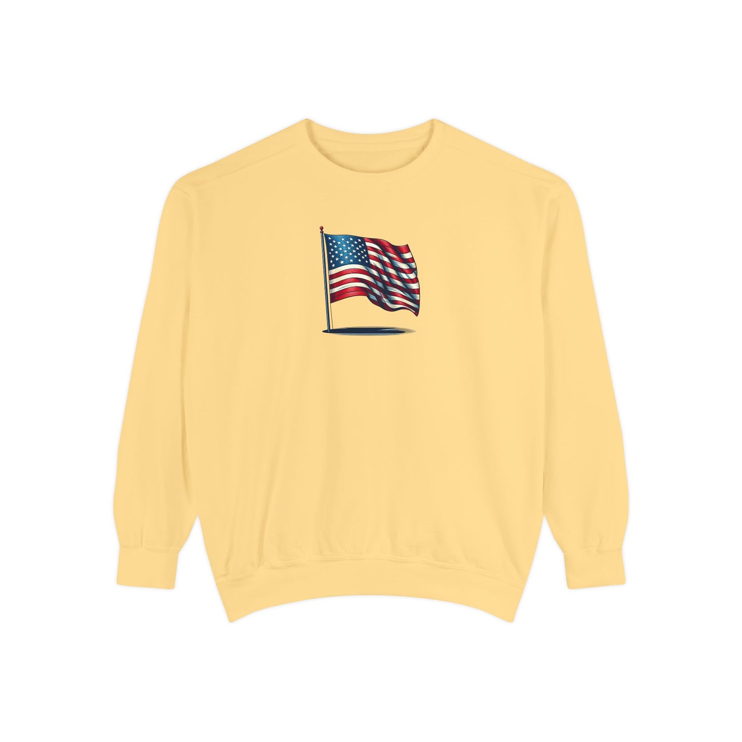 Patriotic Unisex Garment-Dyed Sweatshirt with Vintage American Flag, Cozy Fall Outfit, Statement Sweater, Gift for Veterans, Casual Fashion