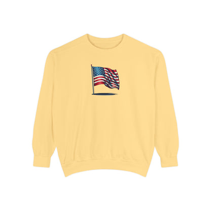 Patriotic Unisex Garment-Dyed Sweatshirt with Vintage American Flag, Cozy Fall Outfit, Statement Sweater, Gift for Veterans, Casual Fashion