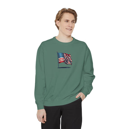 Patriotic Unisex Garment-Dyed Sweatshirt with Vintage American Flag, Cozy Fall Outfit, Statement Sweater, Gift for Veterans, Casual Fashion