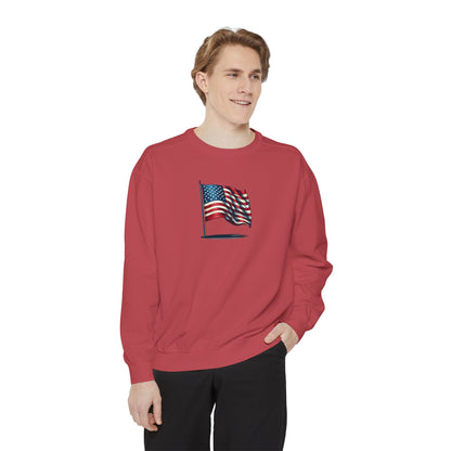 Patriotic Unisex Garment-Dyed Sweatshirt with Vintage American Flag, Cozy Fall Outfit, Statement Sweater, Gift for Veterans, Casual Fashion