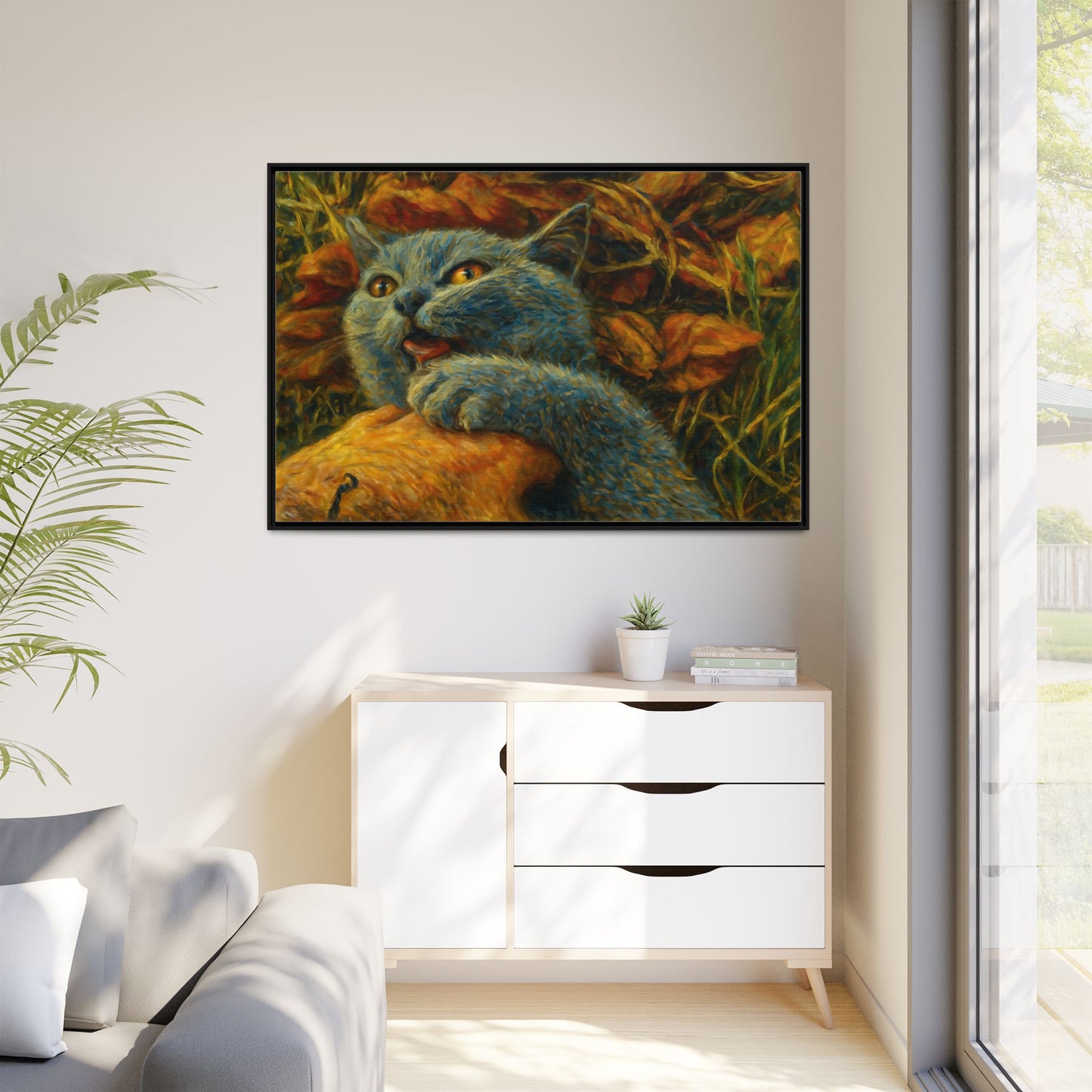 Whimsical Cat Wall Art, Blue Cat Framed Print, Colorful Canvas Decor, Pet Lover Gift, Funny Home Accent