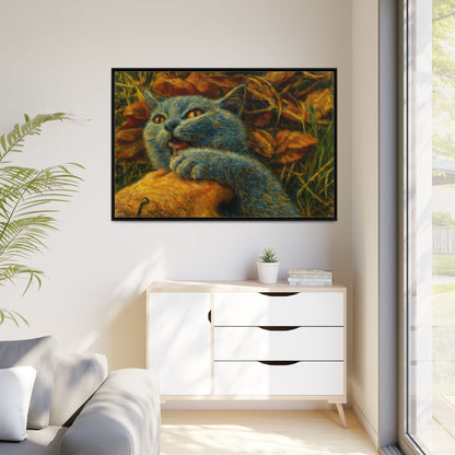 Whimsical Cat Wall Art, Blue Cat Framed Print, Colorful Canvas Decor, Pet Lover Gift, Funny Home Accent
