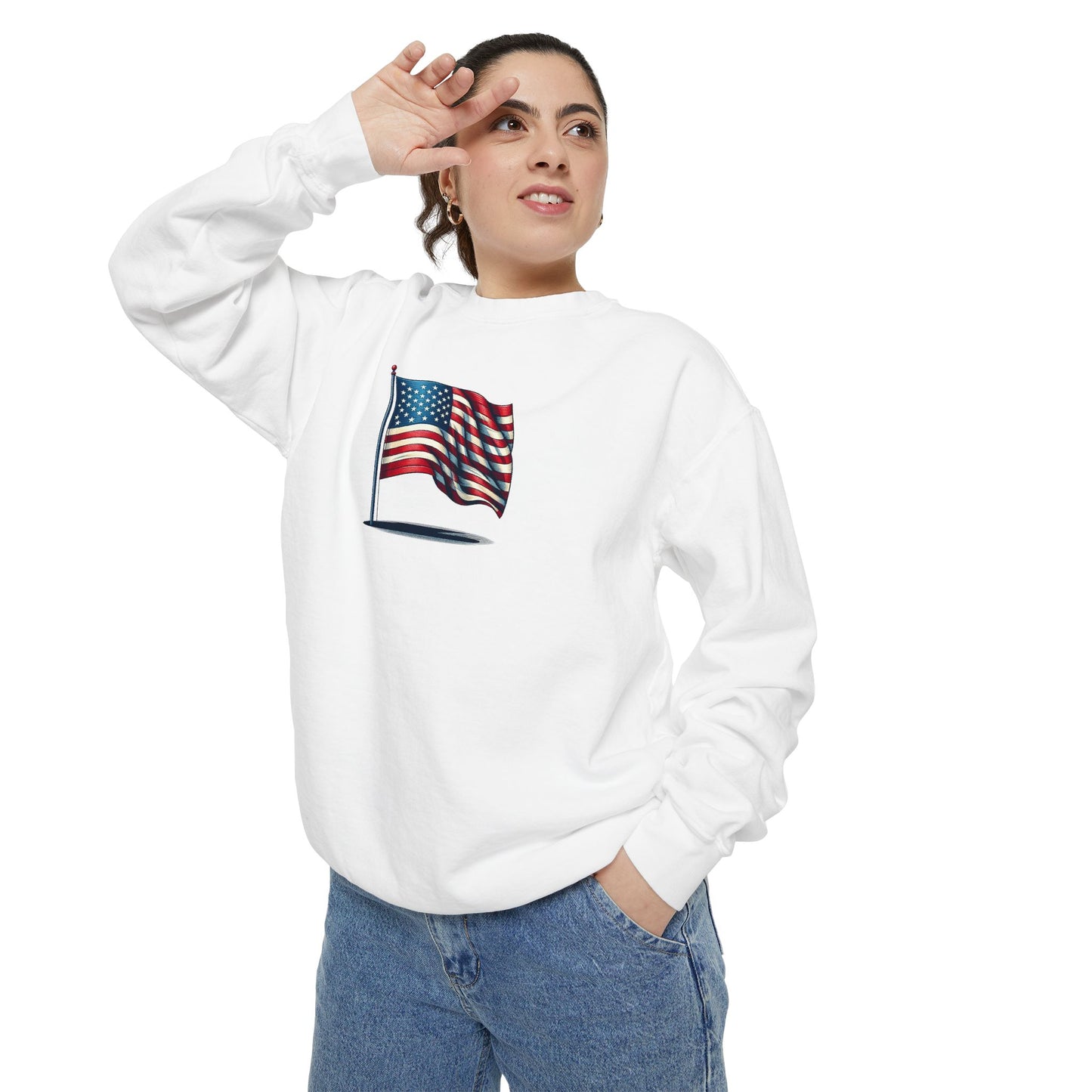 Patriotic Unisex Garment-Dyed Sweatshirt with Vintage American Flag, Cozy Fall Outfit, Statement Sweater, Gift for Veterans, Casual Fashion