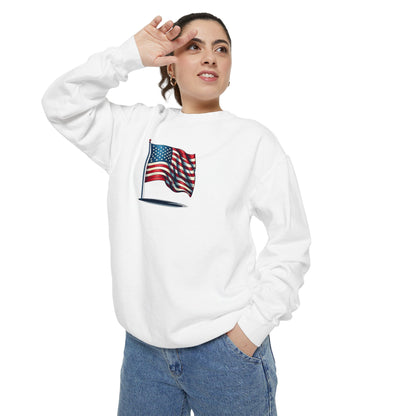 Patriotic Unisex Garment-Dyed Sweatshirt with Vintage American Flag, Cozy Fall Outfit, Statement Sweater, Gift for Veterans, Casual Fashion