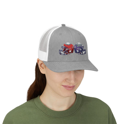 Sporty Snapback Trucker Cap with Football Helmets, Baseball Cap, Outdoor Activity Hat, Gift for Sports Fans, Team Spirit Wear
