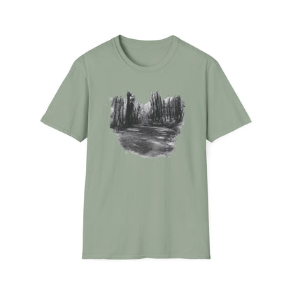 Unisex Softstyle T-Shirt with Abstract Landscape Art, Casual Wear, Gift for Art Lovers, Everyday Fashion, Nature Inspired Tee