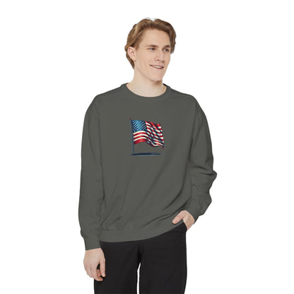 Patriotic Unisex Garment-Dyed Sweatshirt with Vintage American Flag, Cozy Fall Outfit, Statement Sweater, Gift for Veterans, Casual Fashion