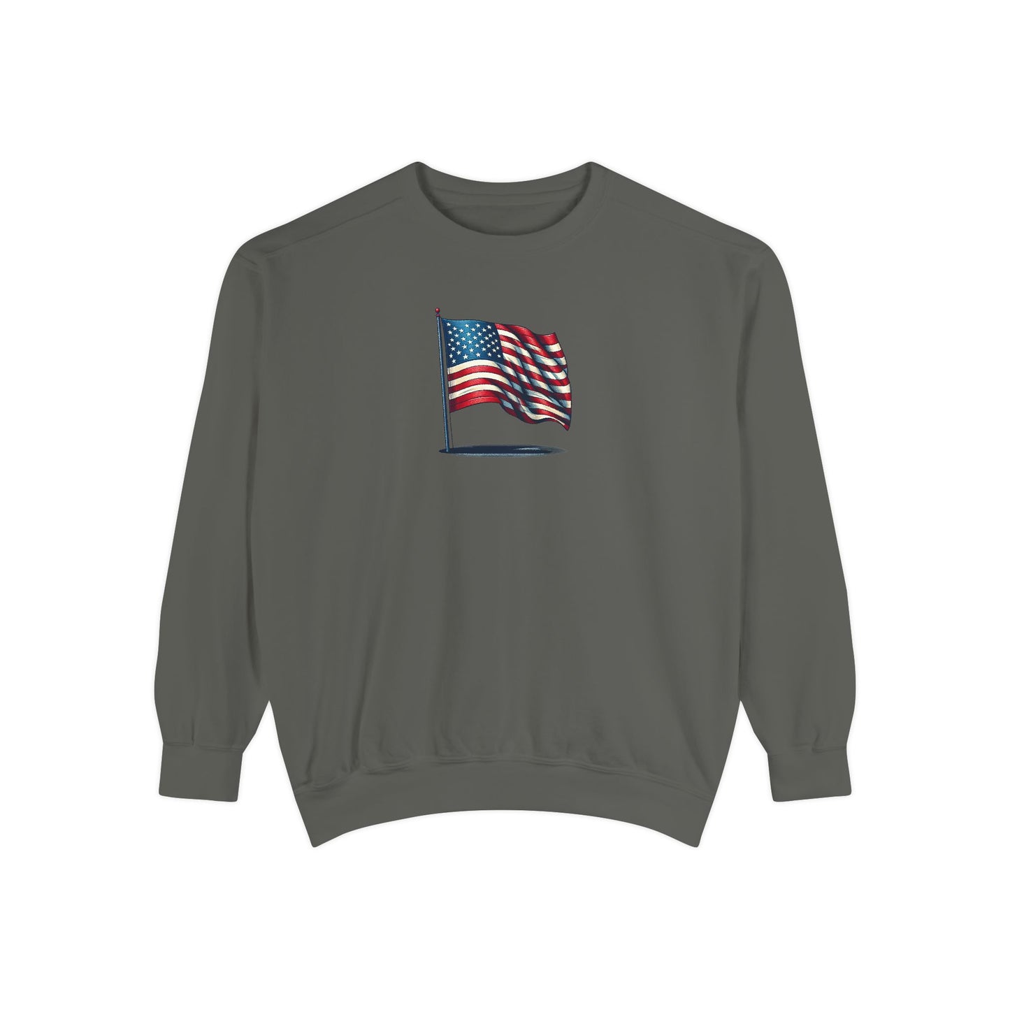 Patriotic Unisex Garment-Dyed Sweatshirt with Vintage American Flag, Cozy Fall Outfit, Statement Sweater, Gift for Veterans, Casual Fashion