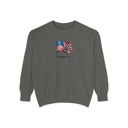 Patriotic Unisex Garment-Dyed Sweatshirt with Vintage American Flag, Cozy Fall Outfit, Statement Sweater, Gift for Veterans, Casual Fashion