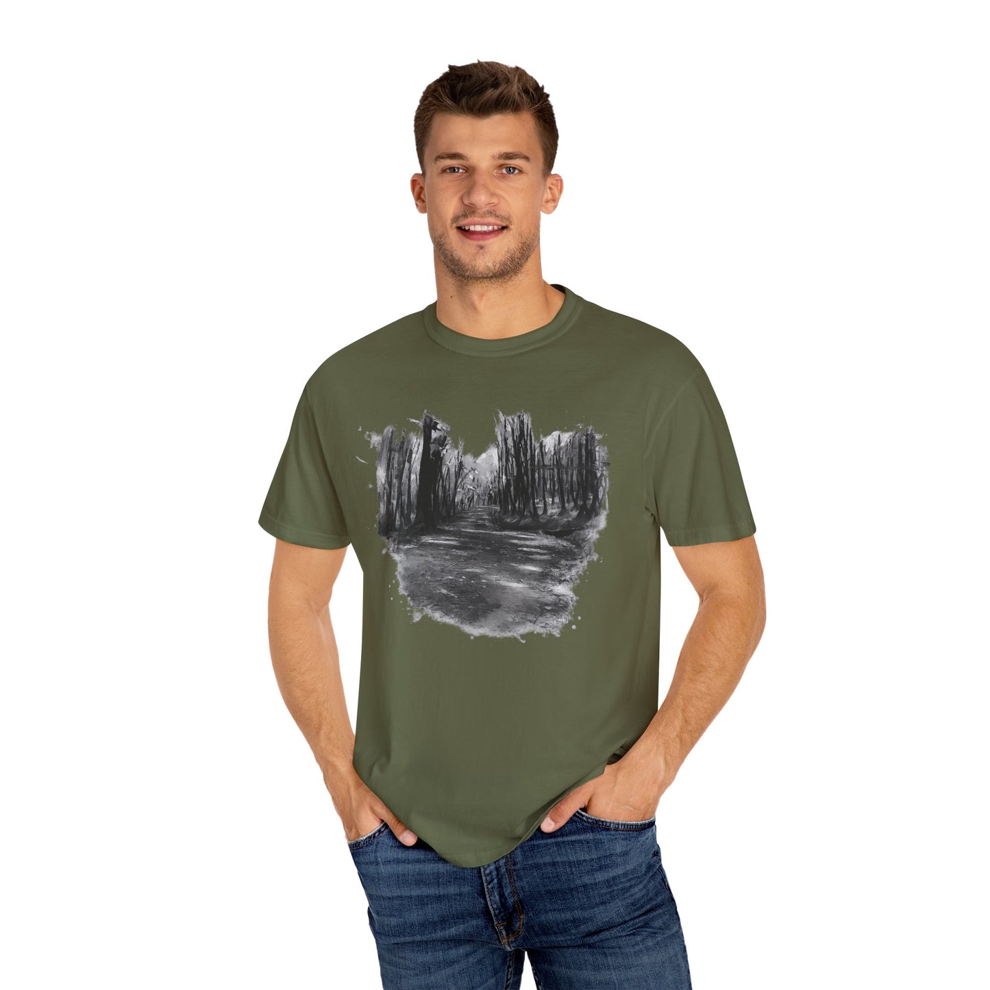 Artistic Forest Scene T-shirt | Nature Lover Gift, Outdoor Adventure Tee, Eco-Friendly Fashion, Vintage Inspired Clothing, Unisex Gift