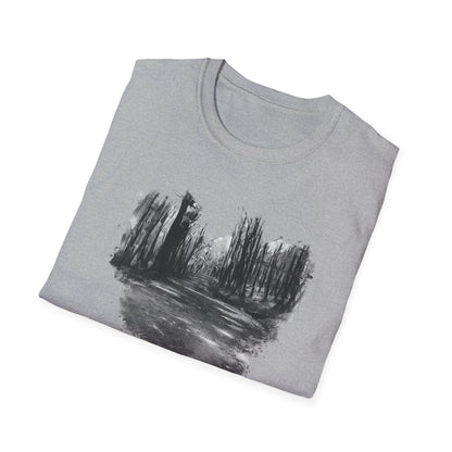 Unisex Softstyle T-Shirt with Abstract Landscape Art, Casual Wear, Gift for Art Lovers, Everyday Fashion, Nature Inspired Tee