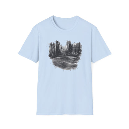Unisex Softstyle T-Shirt with Abstract Landscape Art, Casual Wear, Gift for Art Lovers, Everyday Fashion, Nature Inspired Tee
