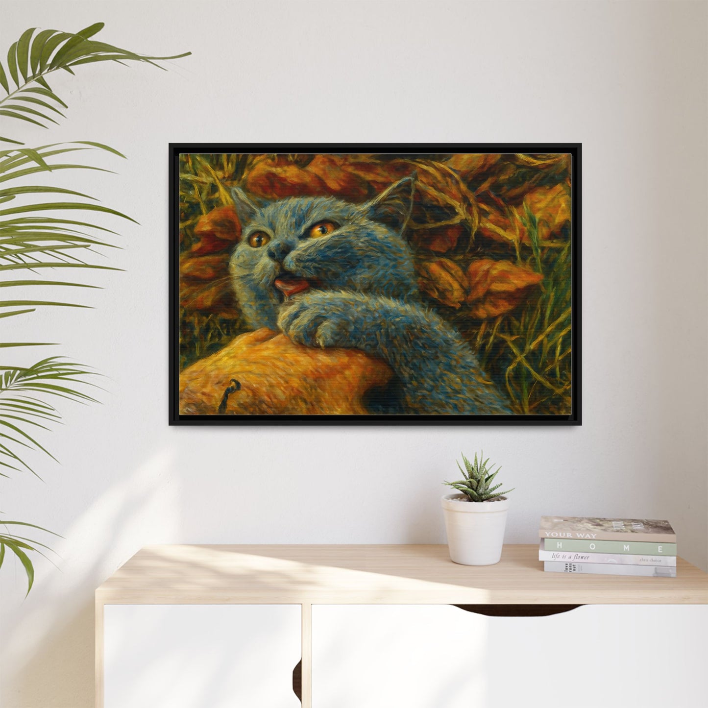 Whimsical Cat Wall Art, Blue Cat Framed Print, Colorful Canvas Decor, Pet Lover Gift, Funny Home Accent
