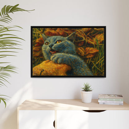 Whimsical Cat Wall Art, Blue Cat Framed Print, Colorful Canvas Decor, Pet Lover Gift, Funny Home Accent