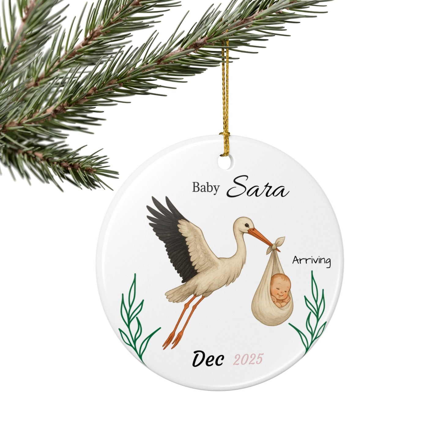Stork with Baby, Personalized Name and Due Date Ornament Ceramic Ornament