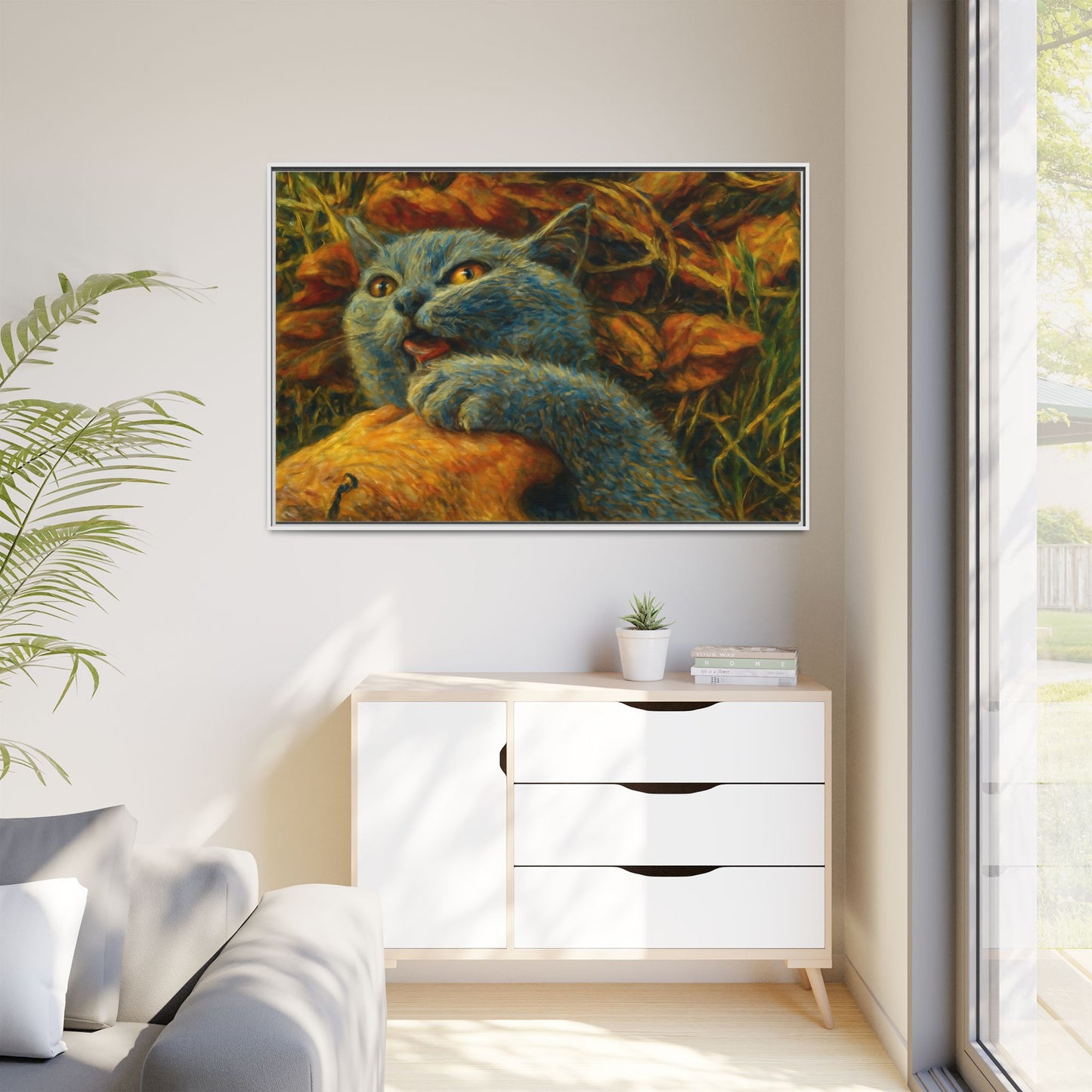 Whimsical Cat Wall Art, Blue Cat Framed Print, Colorful Canvas Decor, Pet Lover Gift, Funny Home Accent