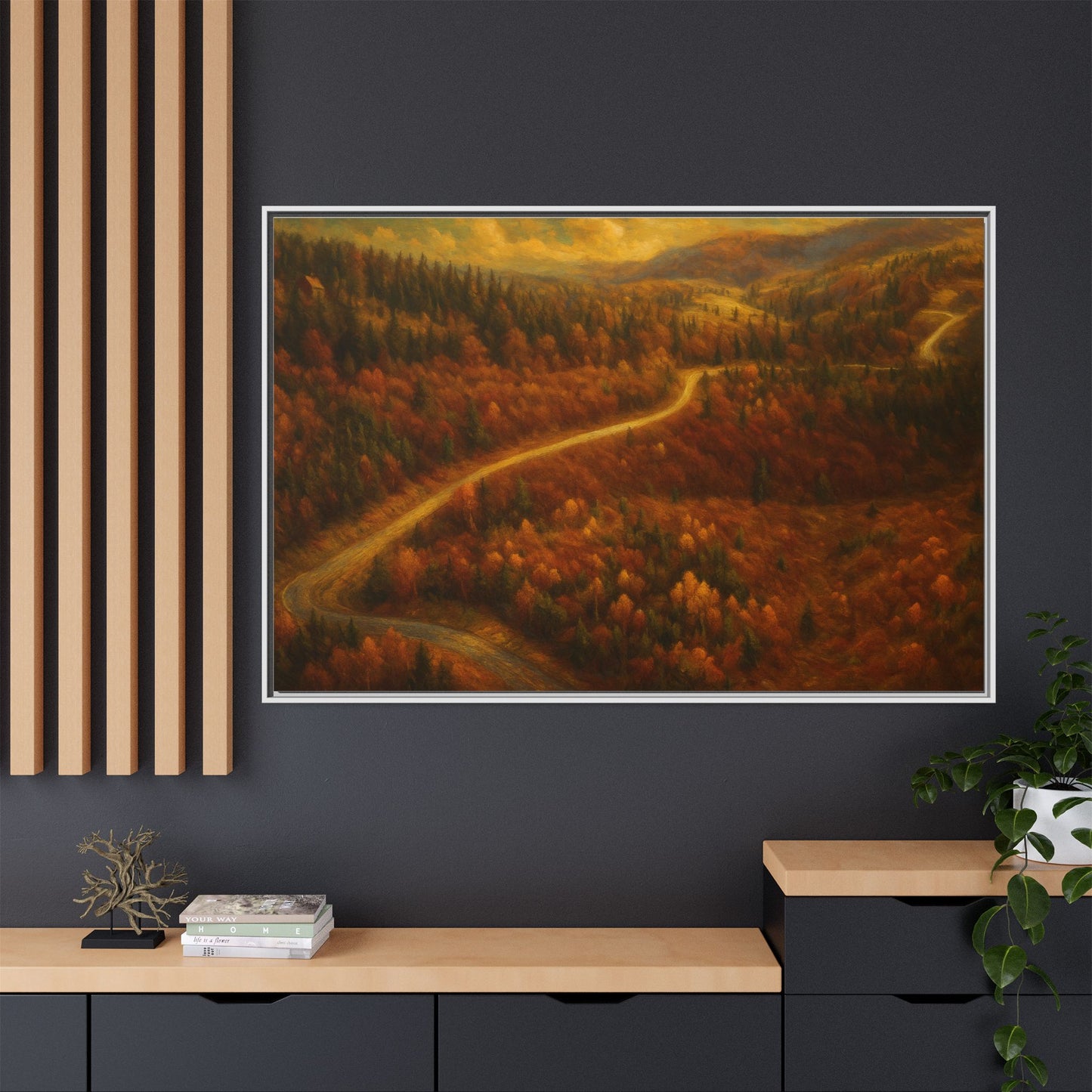 Autumn Landscape Framed Canvas Art, Cozy Home Decor, Warm Fall Vibes, Gift for Nature Lovers, Perfect for Thanksgiving