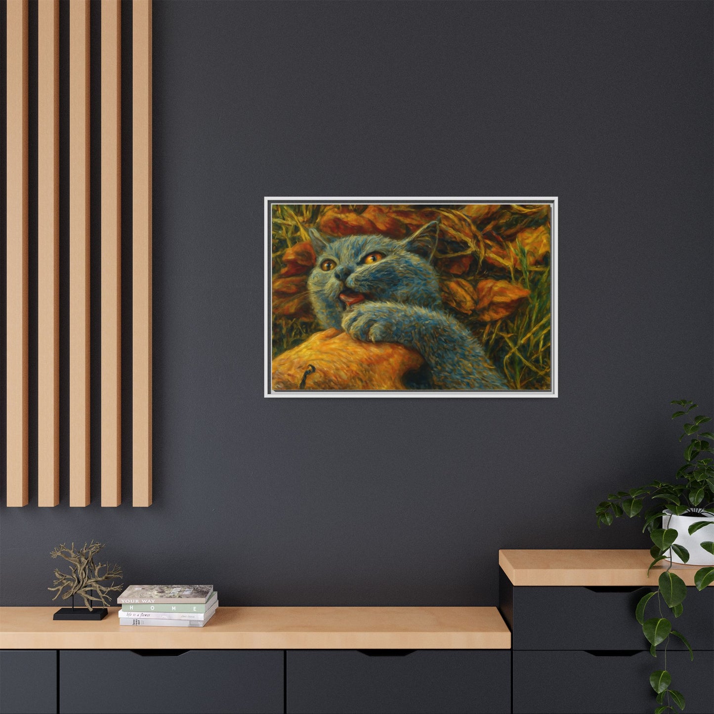 Whimsical Cat Wall Art, Blue Cat Framed Print, Colorful Canvas Decor, Pet Lover Gift, Funny Home Accent