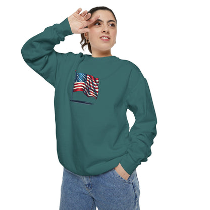 Patriotic Unisex Garment-Dyed Sweatshirt with Vintage American Flag, Cozy Fall Outfit, Statement Sweater, Gift for Veterans, Casual Fashion