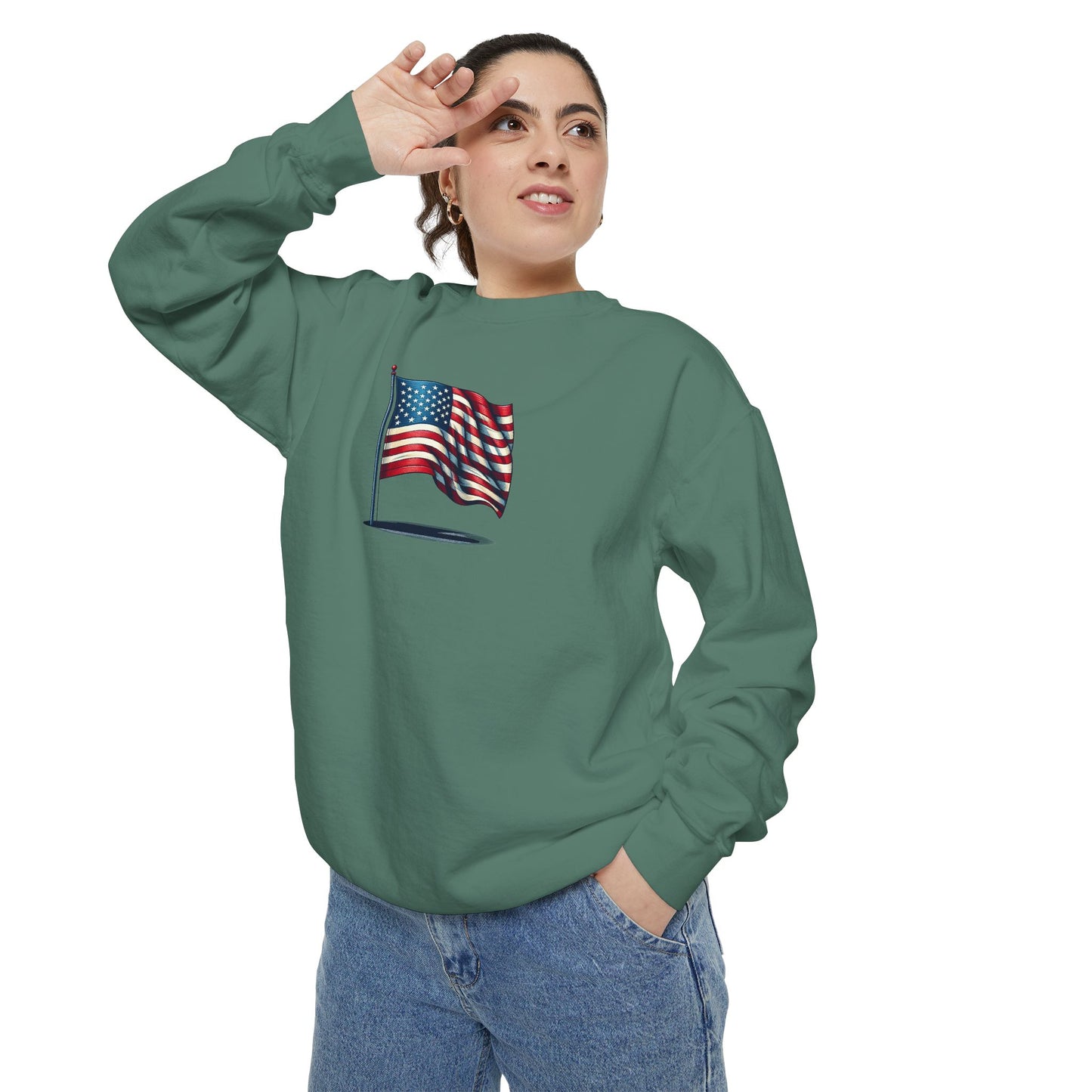 Patriotic Unisex Garment-Dyed Sweatshirt with Vintage American Flag, Cozy Fall Outfit, Statement Sweater, Gift for Veterans, Casual Fashion